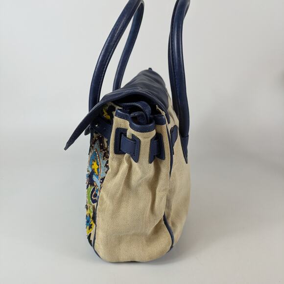 Sam Edelman Sylvia Purse Handbag Navy Blue Rare Embroidered Beads Leather Jute - Picture 2 of 16